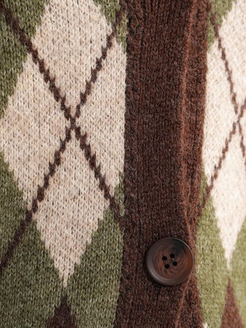 Mixray Khaki Green Mixray Oversize Argyle V-Neck Buttoned Cardigan for Women | Best Price UAE