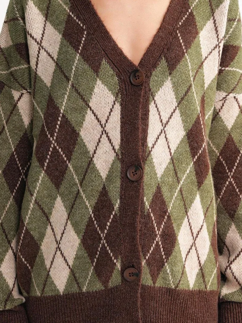 Mixray Khaki Green Mixray Oversize Argyle V-Neck Buttoned Cardigan for Women | Best Price UAE