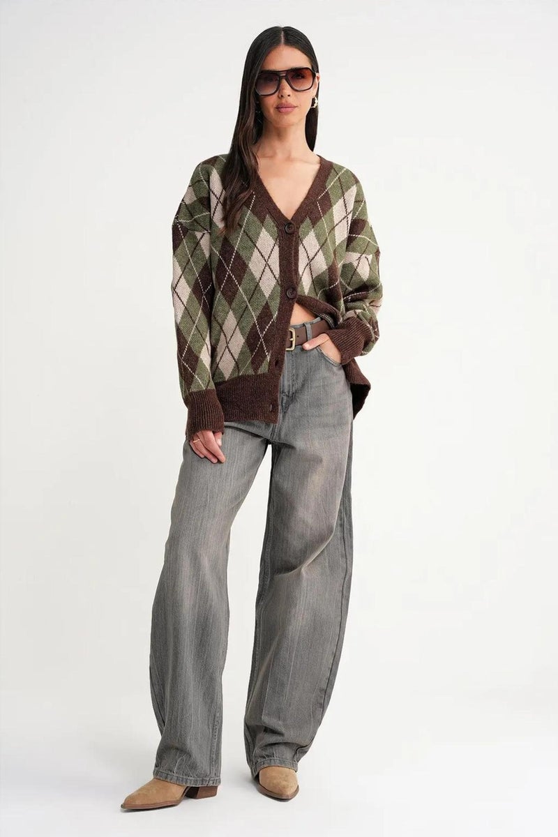 Mixray Oversize Argyle V-Neck Buttoned Cardigan - Image 2
