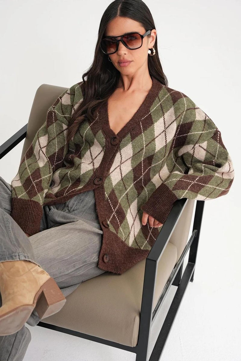 Mixray Oversize Argyle V-Neck Buttoned Cardigan - Image 3
