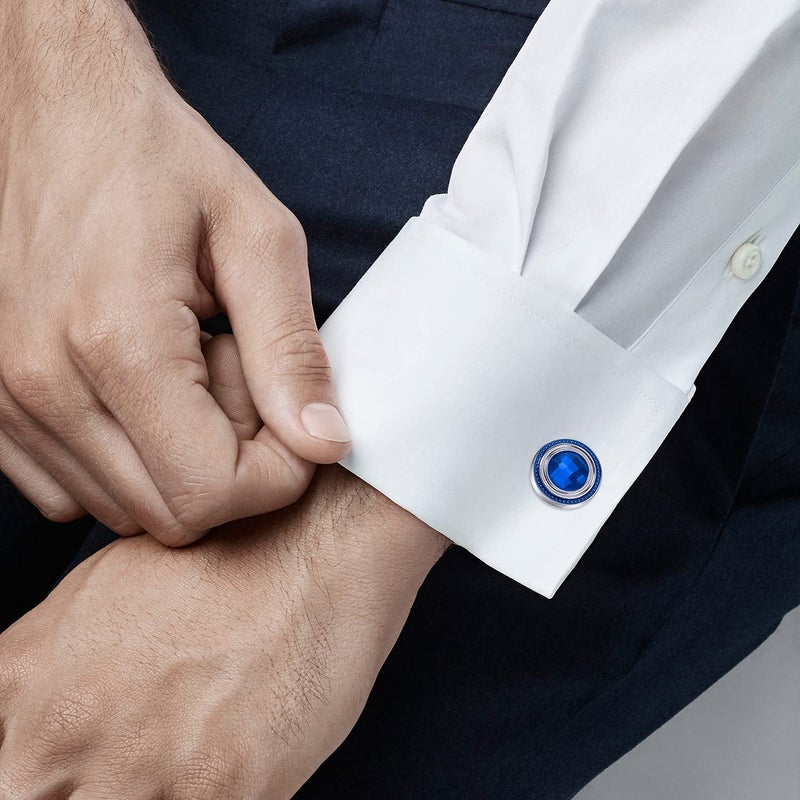 HAWSON Crystal Cufflinks and Studs Sets for Men's Tuxedo Shirts with Gift Box - One Pair Cufflinks with 6 pcs Studs - Blue - Image 3