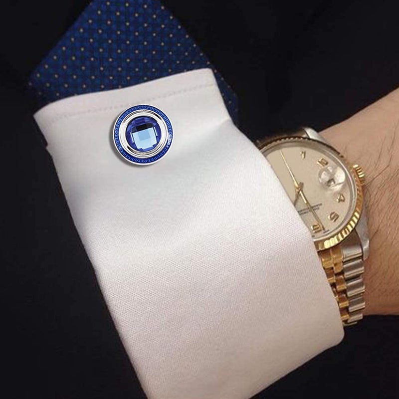 HAWSON Crystal Cufflinks and Studs Sets for Men's Tuxedo Shirts with Gift Box - One Pair Cufflinks with 6 pcs Studs - Blue - Image 4