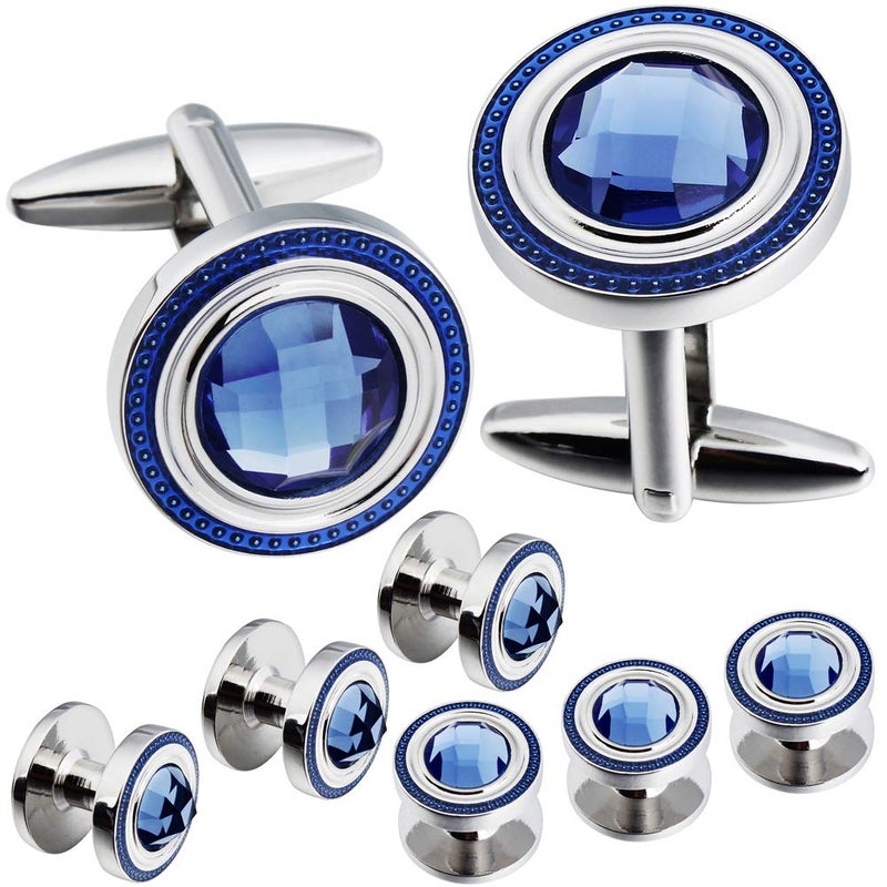 HAWSON Crystal Cufflinks and Studs Sets for Men's Tuxedo Shirts with Gift Box - One Pair Cufflinks with 6 pcs Studs - Blue - Image 1