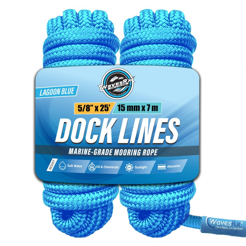 WAVESRX Premium Nylon Boat Dock Lines & Ropes for Docking & Pontoon | Double Braided Marine Rope | Boat Ropes for Docking with Loop | UV & Saltwater Resistant Dock Rope (Lagoon Blue, 5/8â€ x 25â€™) - Image 1