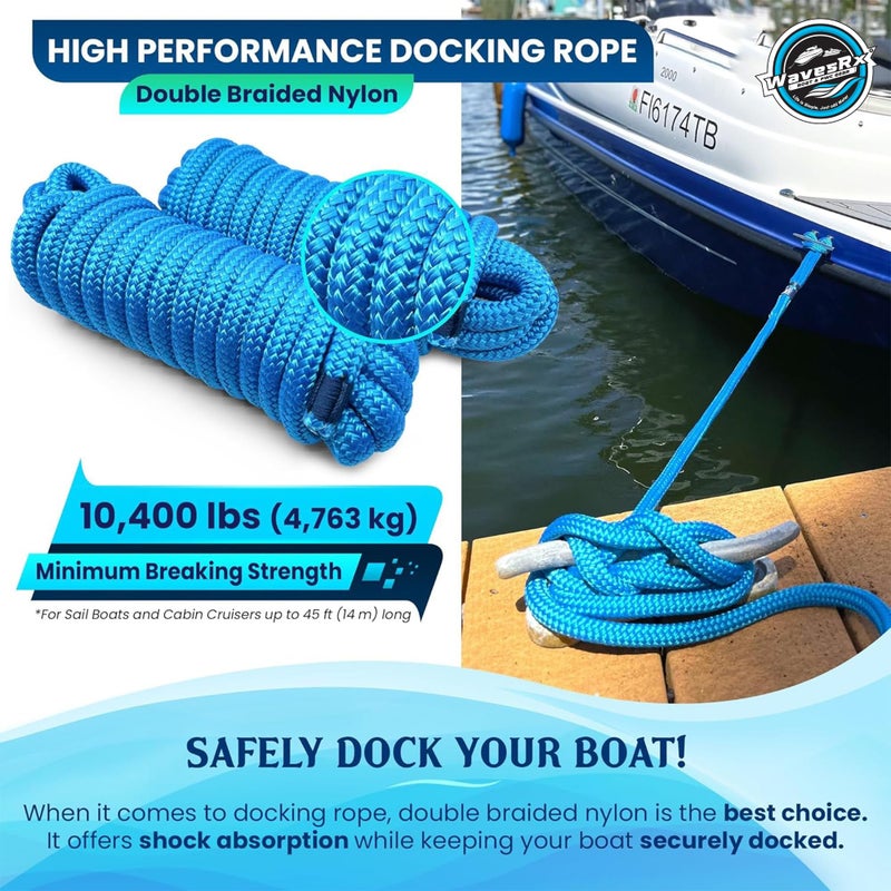 WAVESRX Premium Nylon Boat Dock Lines & Ropes for Docking & Pontoon | Double Braided Marine Rope | Boat Ropes for Docking with Loop | UV & Saltwater Resistant Dock Rope (Lagoon Blue, 5/8â€ x 25â€™) - Image 2