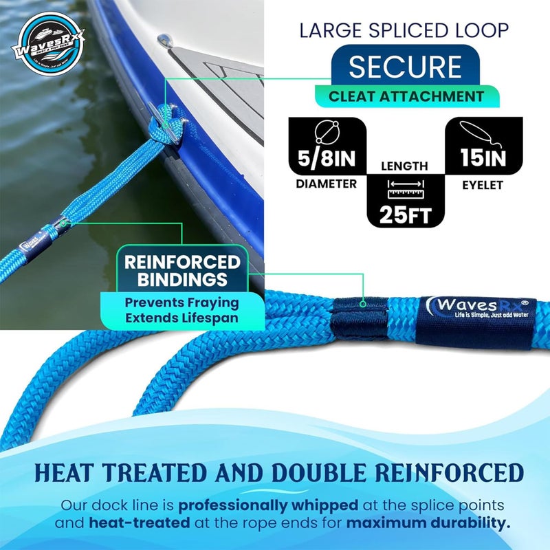 WAVESRX Premium Nylon Boat Dock Lines & Ropes for Docking & Pontoon | Double Braided Marine Rope | Boat Ropes for Docking with Loop | UV & Saltwater Resistant Dock Rope (Lagoon Blue, 5/8â€ x 25â€™) - Image 4