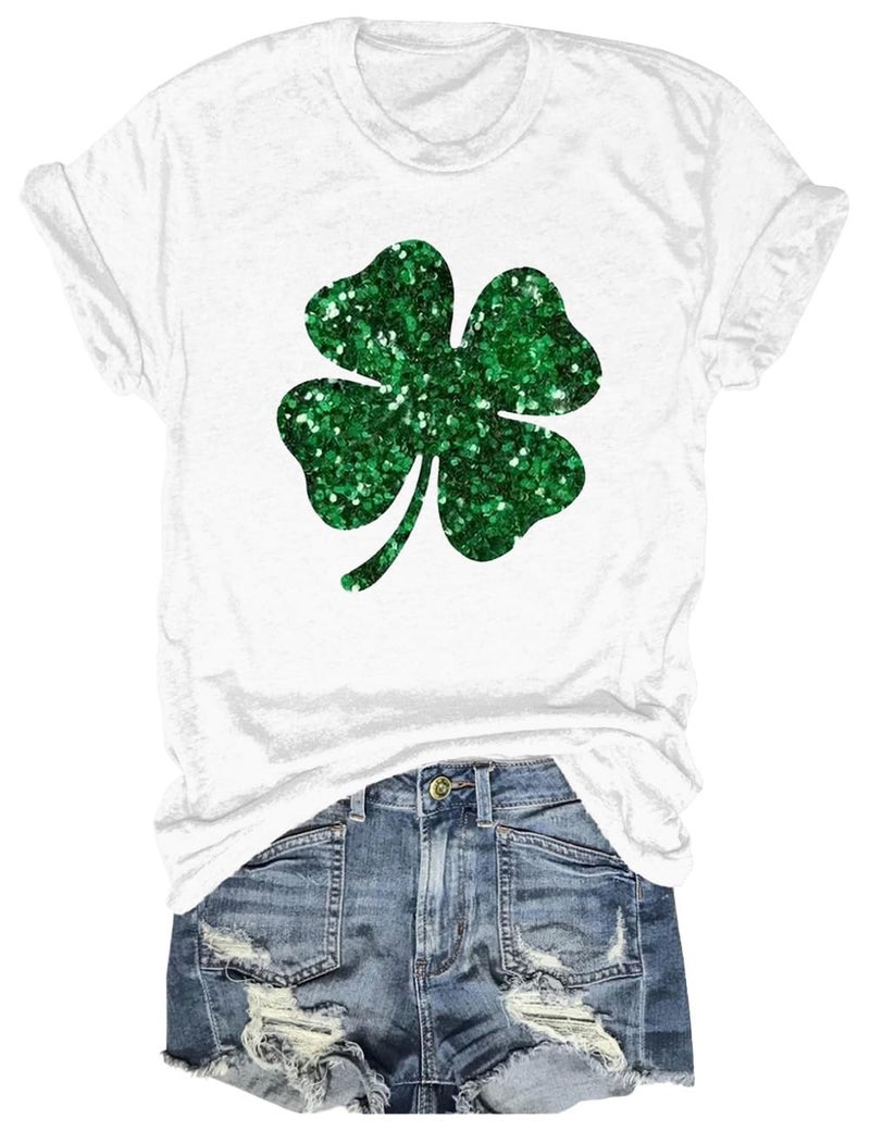 Women's St Patrick's Day T-Shirt Lucky Irish Shamrock Paddy's Day Graphic Tees Tops(1012-White,XXL)