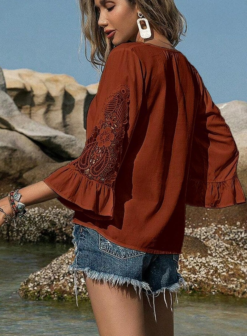 Shein SHEWIN Womens Blouses V Neck 3/4 Length Sleeve Womens Tops Lightweight Shirts for Women Hollow Out Pullover Summer Tops for Women,(US 4-6) S,Reddish Brown - Image 3