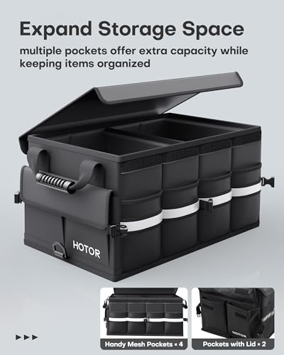 HOTOR Car Trunk Organizer Foldable Trunk Organizer for SUV Car Storage with Reflective Strips Securing Cover Large Capacity Car Accessories for Truck Van Sedan Black 221 x 126 x 110 - Image 3