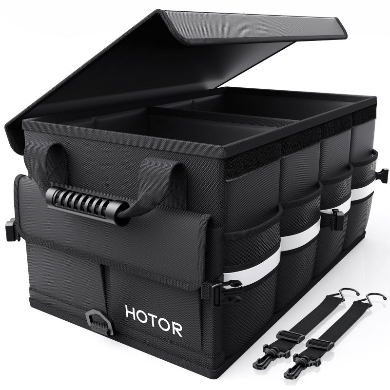 HOTOR Car Trunk Organizer Foldable Trunk Organizer for SUV Car Storage with Reflective Strips Securing Cover Large Capacity Car Accessories for Truck Van Sedan Black 221 x 126 x 110 - Image 2