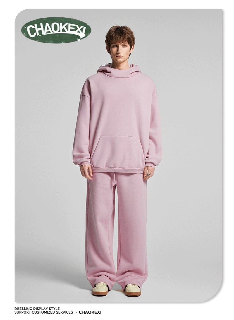 CHAOKEXI American Retro Men's Fleece-Lined Hoodie Set, Autumn/Winter Street Style Loose-fitting Hoodie Two-Piece Set, Sporty Casual High-Neck Warm (Pink) - Image 1