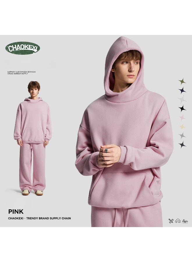 CHAOKEXI American Retro Men's Fleece-Lined Hoodie Set, Autumn/Winter Street Style Loose-fitting Hoodie Two-Piece Set, Sporty Casual High-Neck Warm (Pink) - Image 2