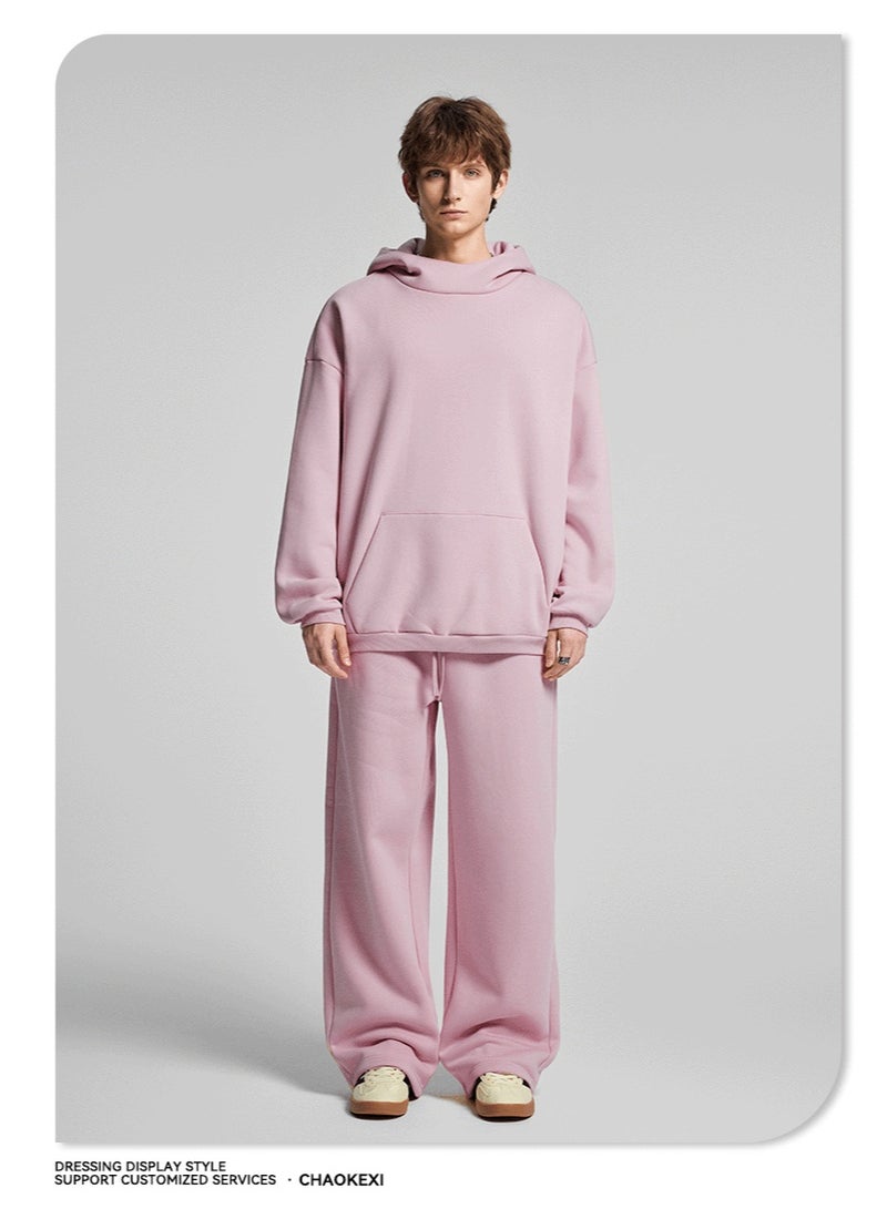CHAOKEXI American Retro Men's Fleece-Lined Hoodie Set, Autumn/Winter Street Style Loose-fitting Hoodie Two-Piece Set, Sporty Casual High-Neck Warm (Pink) - Image 4