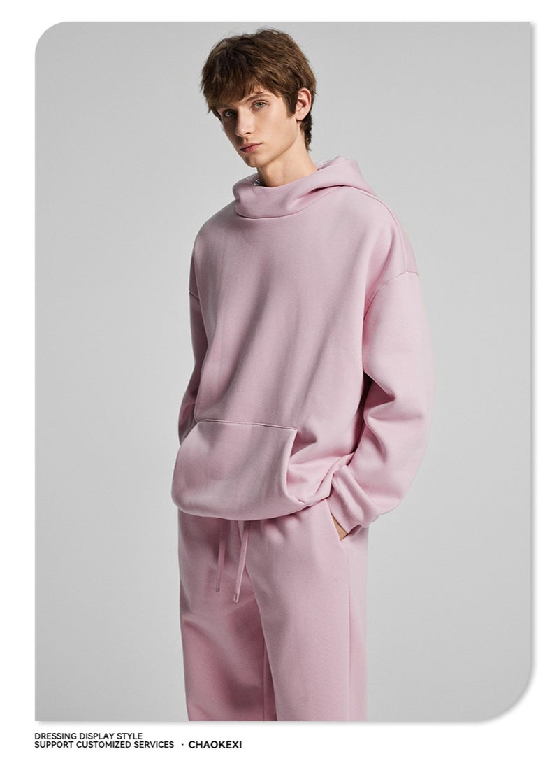 CHAOKEXI American Retro Men's Fleece-Lined Hoodie Set, Autumn/Winter Street Style Loose-fitting Hoodie Two-Piece Set, Sporty Casual High-Neck Warm (Pink) - Image 5