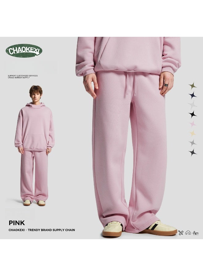 CHAOKEXI American Retro Men's Fleece-Lined Hoodie Set, Autumn/Winter Street Style Loose-fitting Hoodie Two-Piece Set, Sporty Casual High-Neck Warm (Pink) - Image 3