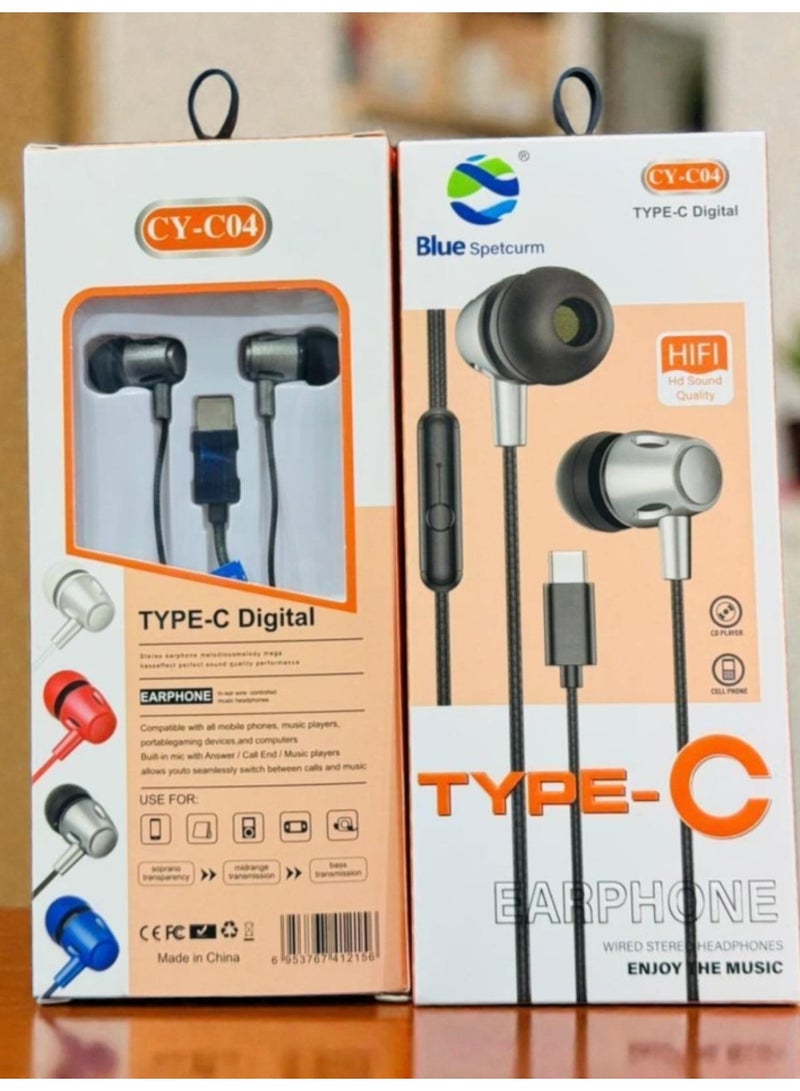 Blue Spectrum Blue Speccurm CY-C04 Wired Earphones - Type-C port with built-in microphone, high-definition sound, and powerful bass