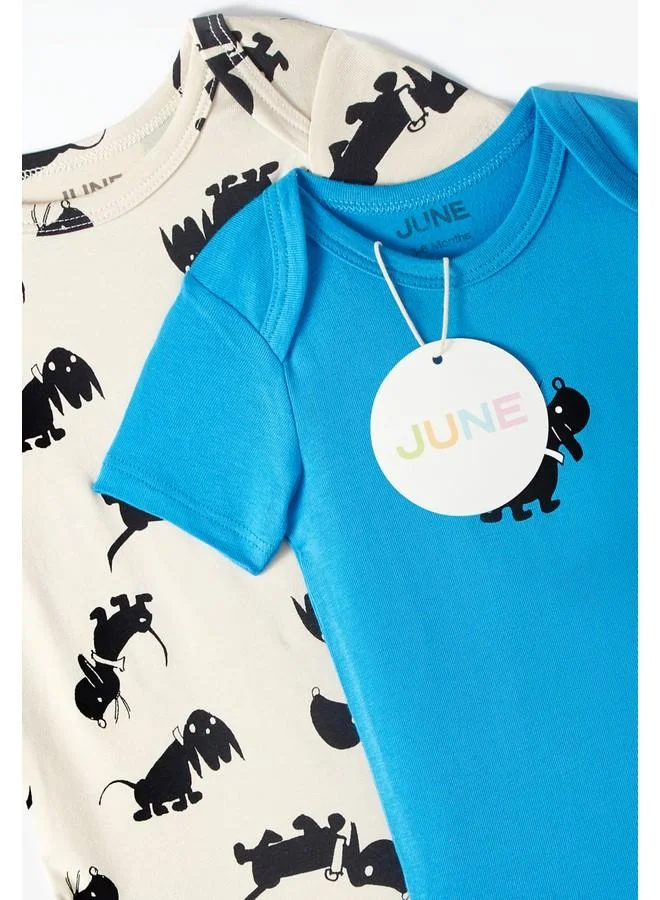 JUNE June Baby Envelope Neck 2-Pack Short Sleeve Dog Printed Bodysuit Beige - Blue