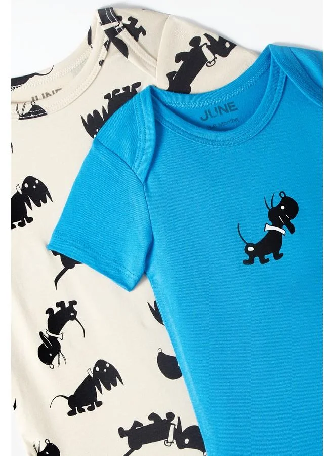 JUNE June Baby Envelope Neck 2-Pack Short Sleeve Dog Printed Bodysuit Beige - Blue
