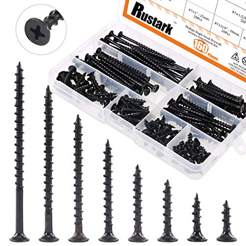 Rustark 160Pcs 7 Coarse Thread Drywall Screw with Phillips Drive Black Oxide Finsh Bugle Head Wood Screws Assortment Kit Ideal for Drywall Sheetrock - Image 1