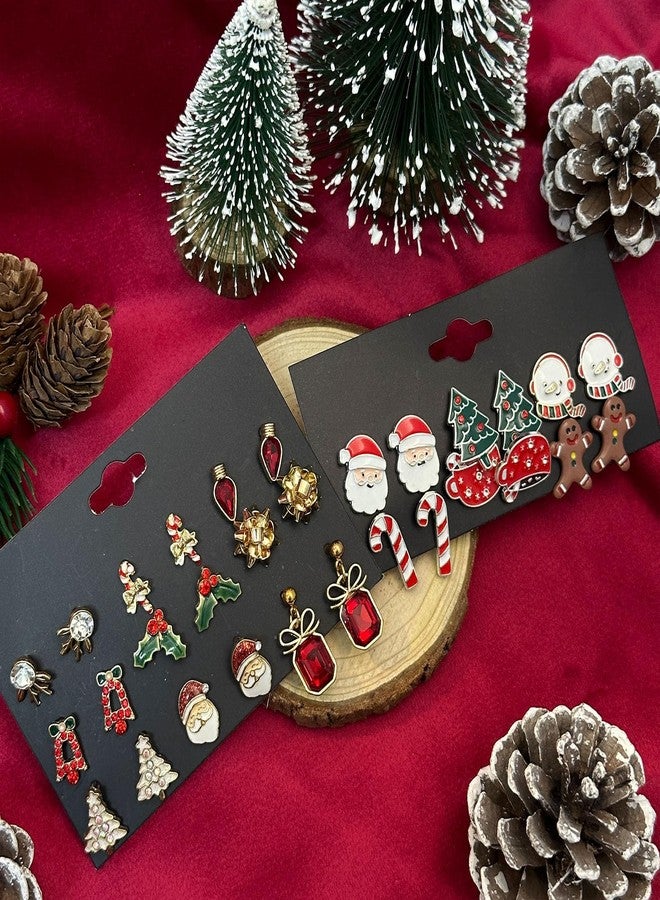 اتش تي اتش طقم أقراط مرصعة لعيد الميلاد للنساء، أقراط على شكل شجرة عيد الميلاد، فيونكة لطيفة، أقراط على شكل مصباح، هدايا عائلية لعيد الميلاد (15 زوجًا) - Image 3