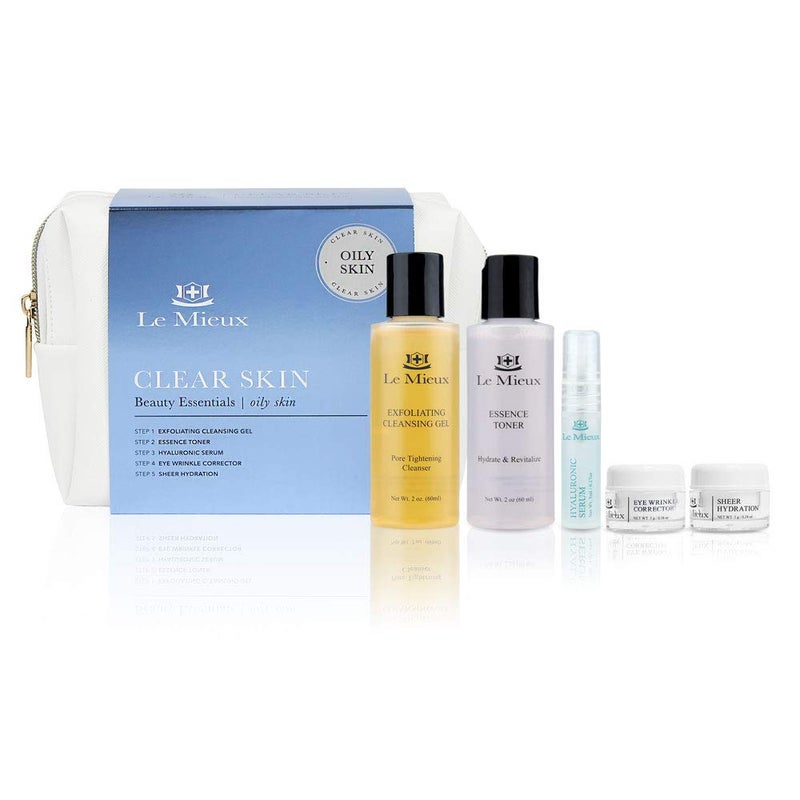 Le Mieux Clear Skin Beauty Essentials for Oily Skin - 5-Piece Skincare Kit - Exfoliating Cleansing Gel, Essence Toner, Hyaluronic Serum, Eye Wrinkle Corrector & Sheer Hydration for Blemish-Prone Skin - Image 1
