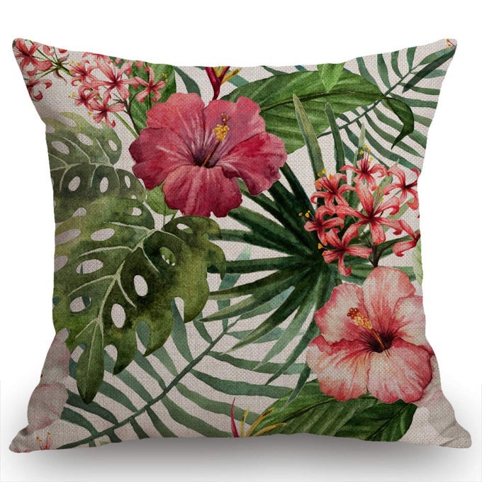 WATERCOLOR TROPICAL FLORAL PATTERN COTTON BURLAP LINEN THROW PILLOW CASE CUSHION COVER SOFA OUTDOOR DECORATIVE SQUARE 18X18 INCHES