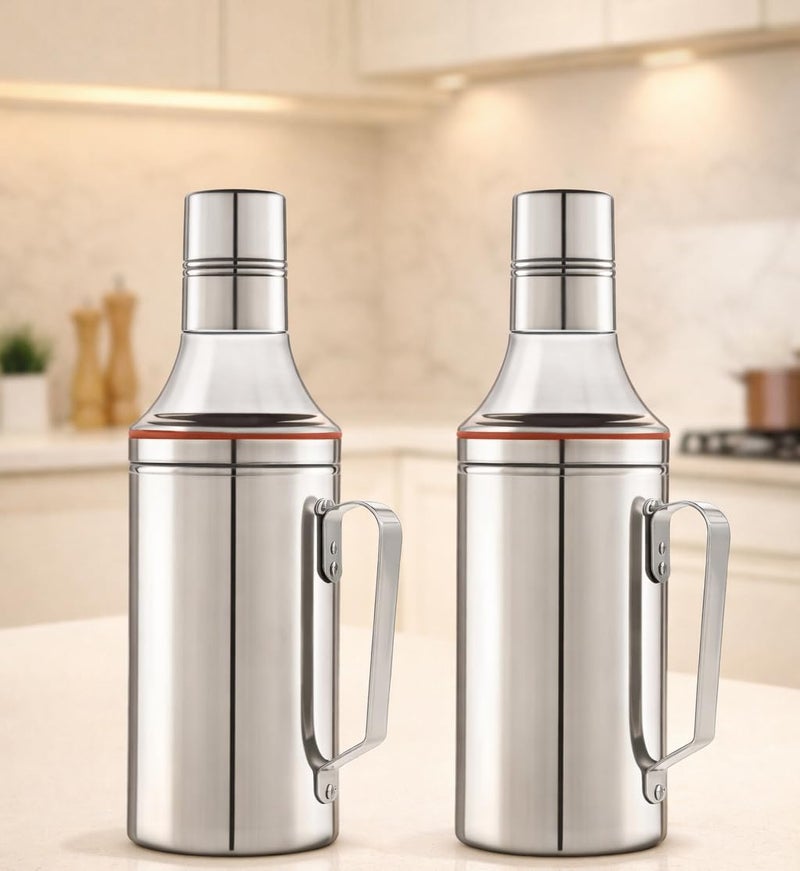 VISAXMI 1000ml Stainless Steel Oil Dispenser (Set of 2) | Oil Container for Kitchen | Oil Dispenser with Handle | Steel Oil Bottle | Container for Oil & Vinegar | 9cm Diameter - Image 1