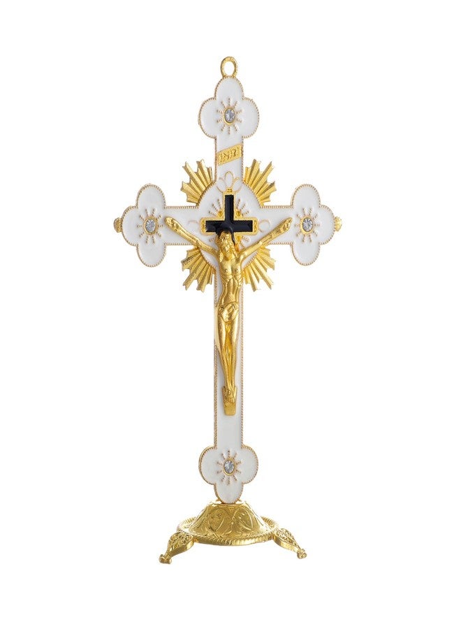 KOMI 5 Inch Catholic Metal Jesus Cross Standing, White Crucifix for Home Decoration, Table Crucifix Religious Gift - Image 1