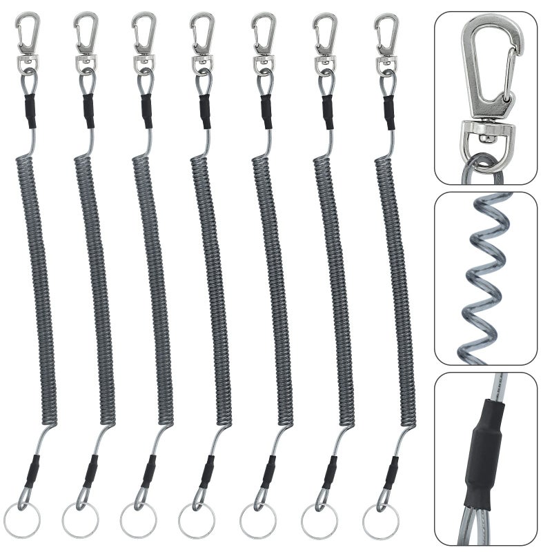 BB Hapeayou Fishing Lanyard 7Pcs Safety Retractable Coiled Tether with Carabiner and Split Ring for Pliers Boating ToolsBlack