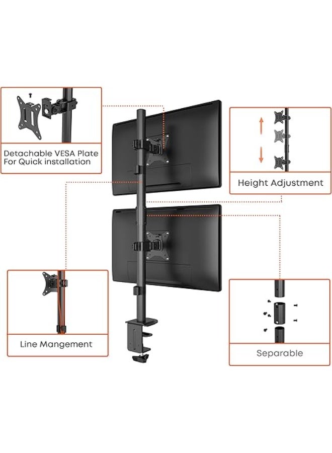 WORLDLIFT Dual Monitor Stand – Vertical Stack Desk Mount for Two Screens up to 32", Height Adjustable with Swivel, Tilt, Rotation – Includes C-Clamp & Grommet Bases – Black - Image 3