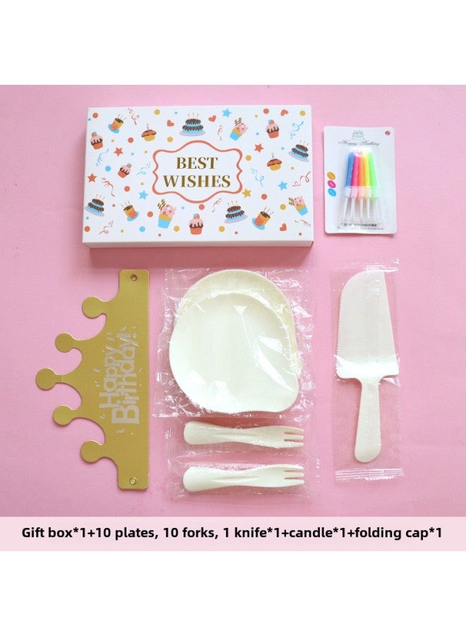 Birthday Dinner Plate Cake Tableware Food Grade Plastic Dinner Plate Disposable Paper Plate Candle Wet Wipes Four-in-one-Color:Classic White Water Drops For Ten People - Image 1
