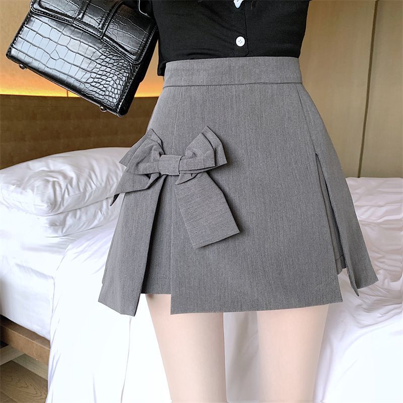 Grey Bow Tie High Waist A-Line Mini Skirt for Petite Grey 【high-end fabric】】