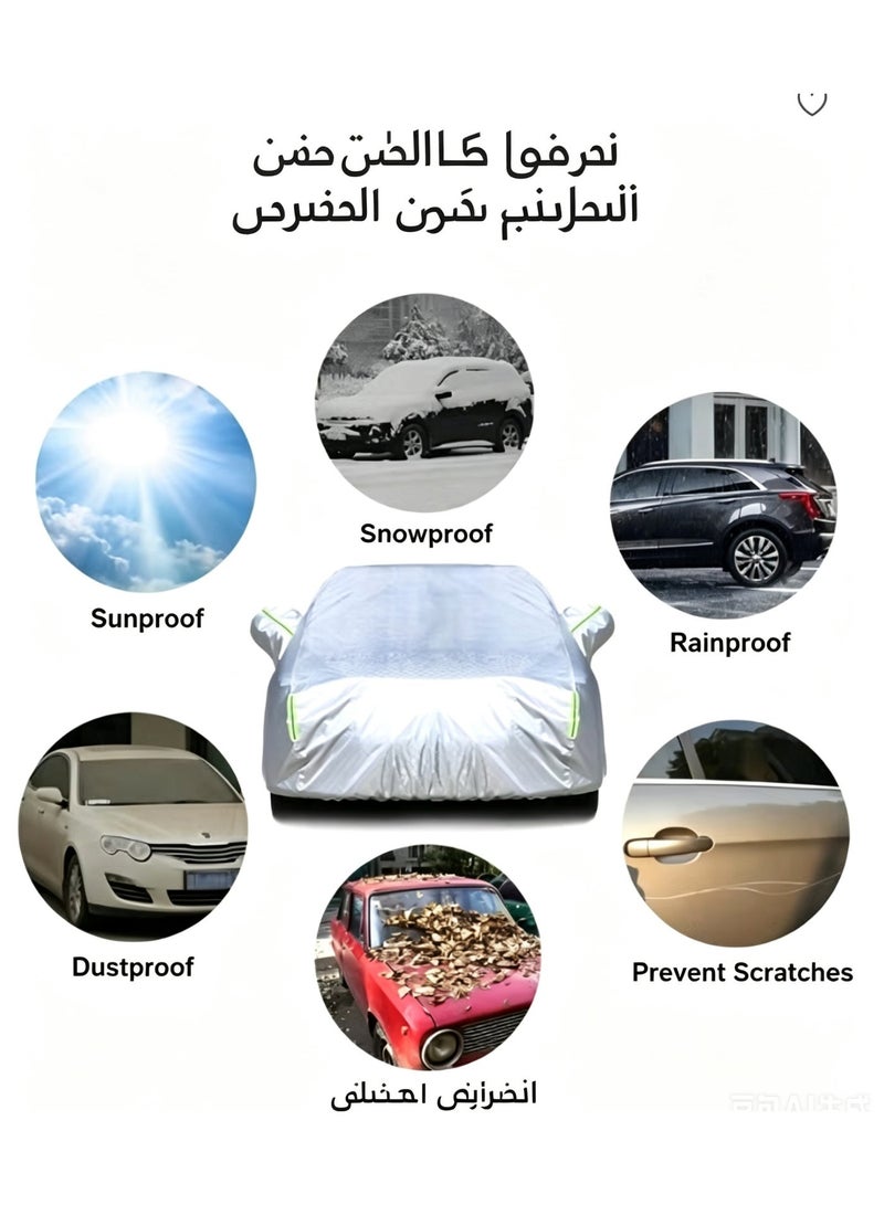 العربية: غطاء سيارة فضي مضاد للأشعة فوق البنفسجية للاستخدام الخارجي مزود بأشرطة عاكسة فلورية، غطاء مركبة كامل متان عالي مقاوم للتمزق للوقوف في الصحراء والفلل - Image 4