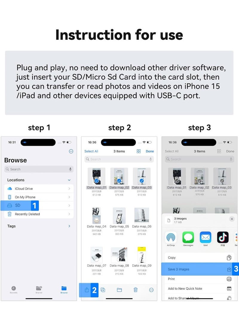 USB C SD Card Reader for iPhone 15/iPad/MacBook/Mac xdgeLoad USB-C Type C SD Reader Supports SD and MicroSD Memory Card Adapter Trail Camera Viewer Plug and Play - 2 Slots