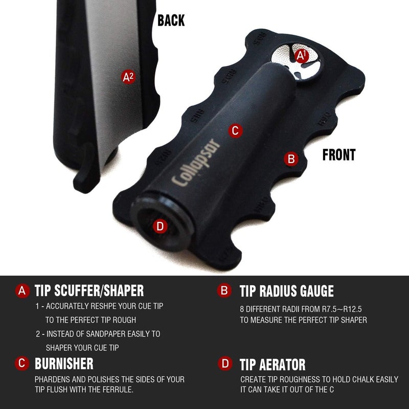 Collapsar Pool Cue Tip Repair Tool 5-in-1 Billiard Accessories Shaper/Scuffer/Aerator/Burnisher/Radius Gauge - Image 3