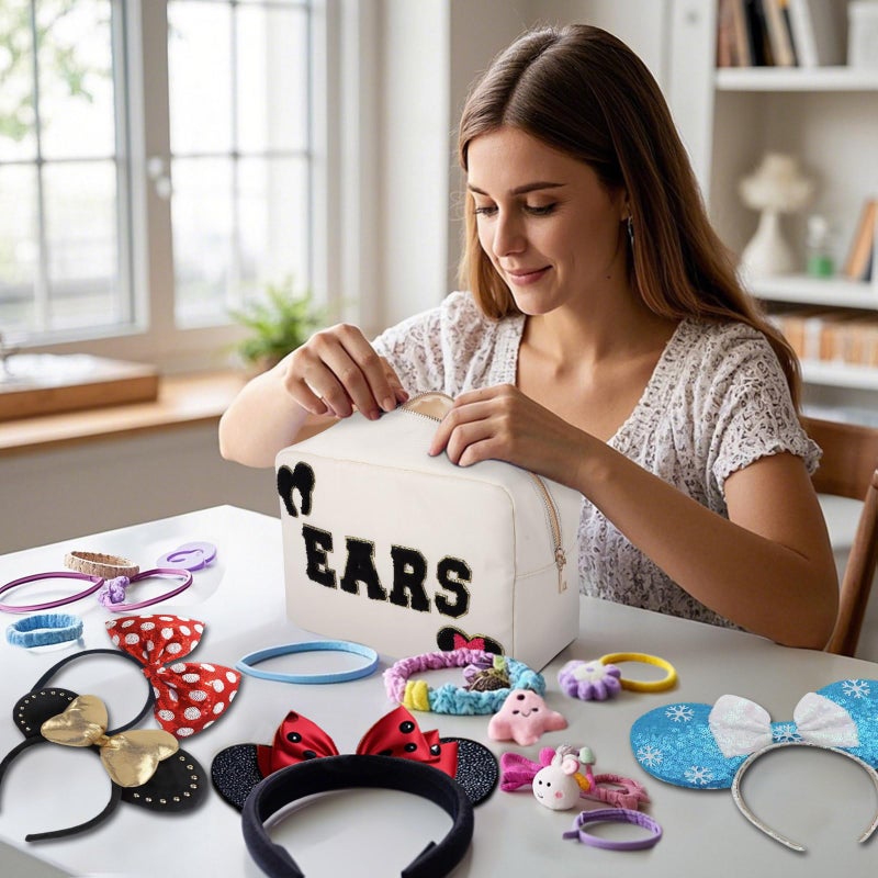 Dealkion Headband Holder Organizer Headband Storage Mouse Ear Holder Bag Hair Accessories Organizer Chenille Letter Makeup Bag Park Travel Essentials Gifts for Women - Image 2
