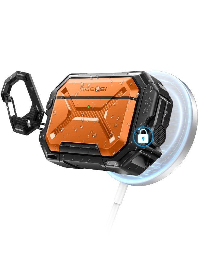 موبوسي جراب لسماعات **AirPods Pro 3** مقاوم للماء بمعيار **IP68**، متوافق مع MagSafe، غطاء حماية بمعيار عسكري لسماعات **AirPods Pro 3** مزوّد بقفل أمان، حلقة مفاتيح وحامل للهاتف (إصدار 2025)، برتقالي. - Image 1