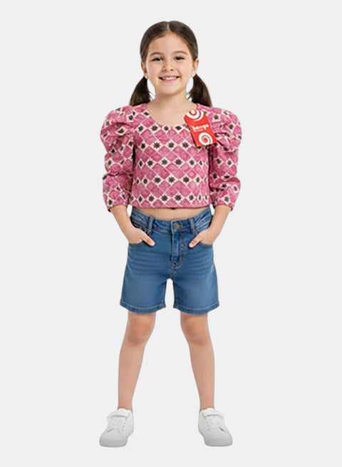 بلوزة بناتي قطن مطبوع كم منفوخ من بونجو - كشمير