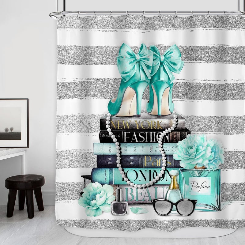 Riyidecor Fashion Women Startain 60wx72H بوصة Teal Silver Modern Magazine Girly White Stripe Rose Flower High Heel Makeup for Girl Bathrate Decor Fabrics