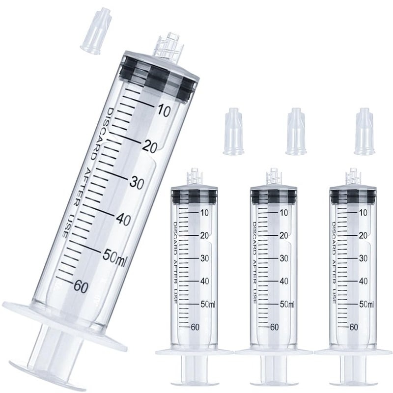 HiMo 60mL Luer Lock Syringe 4 Pack Large Plastic Sterile Syringes without Needle for Liquid Oral Measurement Dispensing with Cap 50mL60cc
