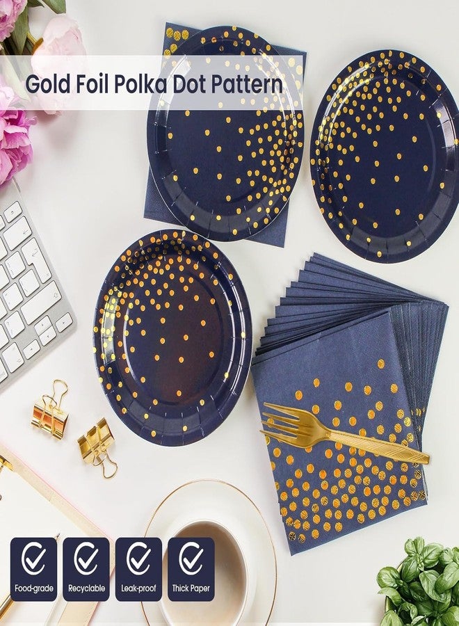 BOKFJBP 75PCS Paper Plates&Napkins Set, Blue Gold Dot Disposable Party Dinnerware 7IN Dessert Plates 6.5IN Napkins 6.3IN Plastic Fork Tableware for Birthday Party Weddings Holidays Decoration 25 Guests - Image 3