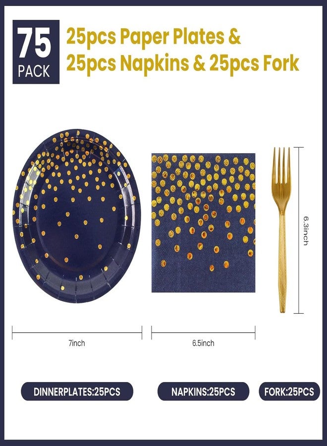 BOKFJBP 75PCS Paper Plates&Napkins Set, Blue Gold Dot Disposable Party Dinnerware 7IN Dessert Plates 6.5IN Napkins 6.3IN Plastic Fork Tableware for Birthday Party Weddings Holidays Decoration 25 Guests - Image 2