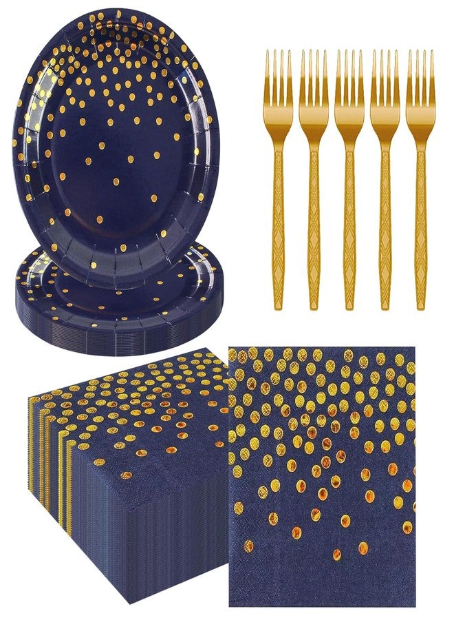 BOKFJBP 75PCS Paper Plates&Napkins Set, Blue Gold Dot Disposable Party Dinnerware 7IN Dessert Plates 6.5IN Napkins 6.3IN Plastic Fork Tableware for Birthday Party Weddings Holidays Decoration 25 Guests - Image 1