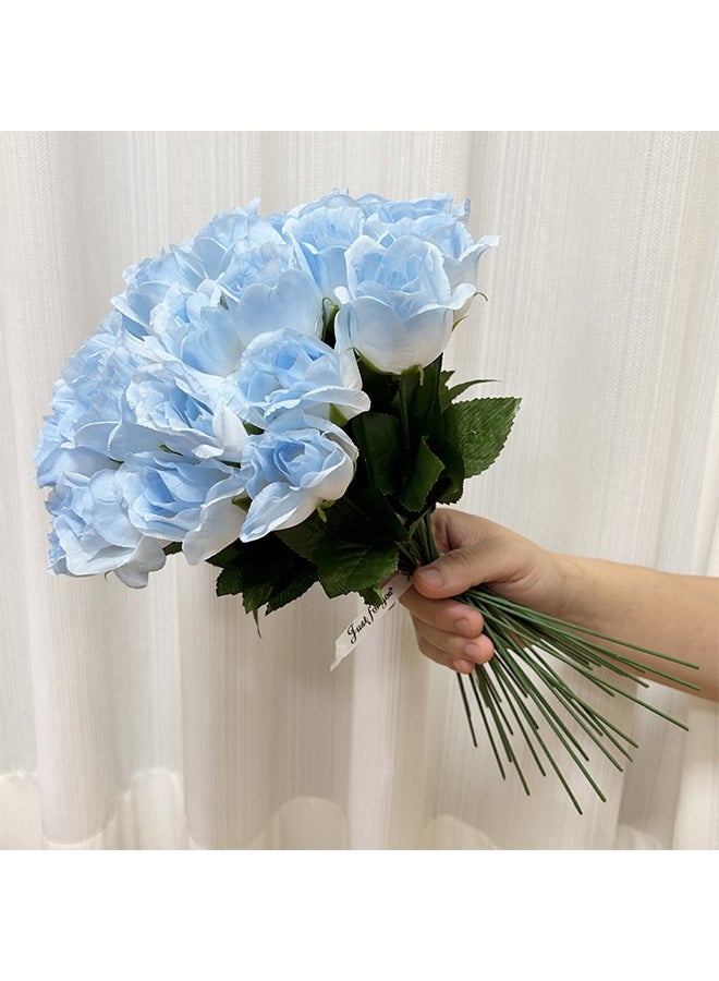 Generic 10-Pieces Artificial Roses Flower, Sky Blue Silk Roses Bouquet Long Stem Roses, Wedding Bouquet, Party, Home dector(Sky Blue/Green)  - Image 1
