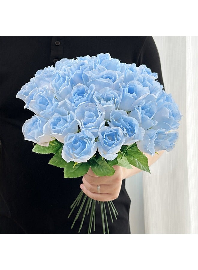 10-Pieces Artificial Roses Flower, Sky Blue Silk Roses Bouquet Long Stem Roses, Wedding Bouquet, Party, Home dector(Sky Blue/Green) - Image 1