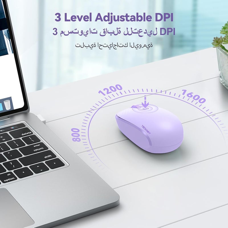TECKNET Wireless Mouse for Laptop, 2.4G Quiet Computer Mouse with USB Receiver, 4 Buttons Portable Cordless Mice for Chromebook, Laptop, PC, Mac, 800/1200/1600 DPI - Purple - Image 3
