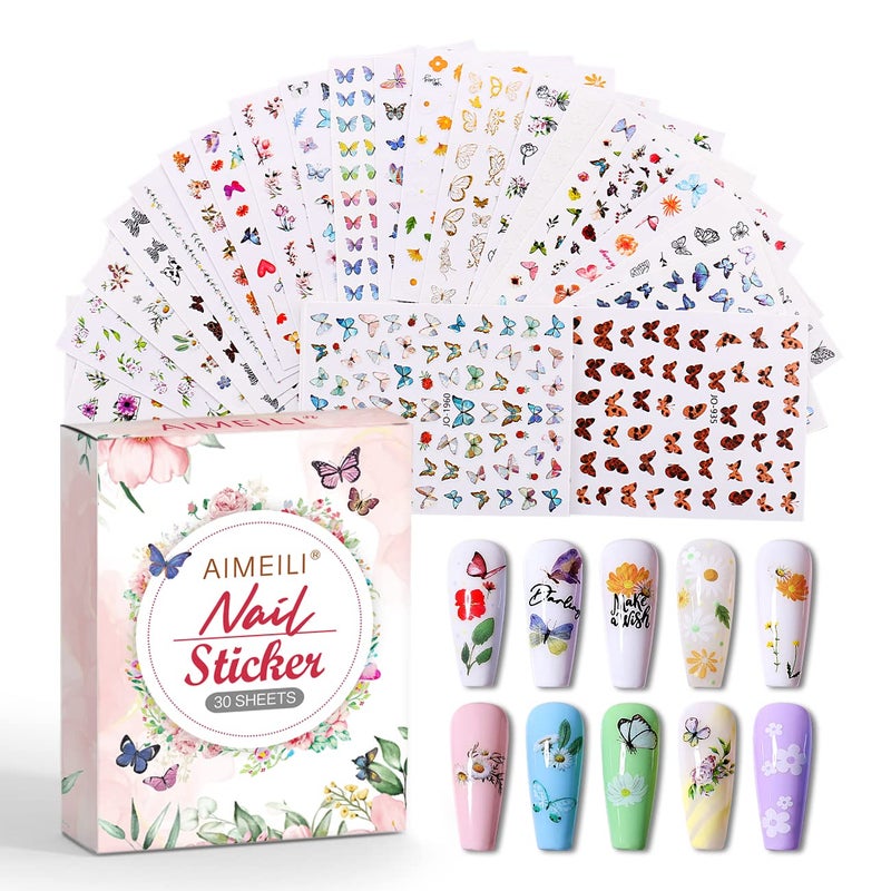 AIMEILI 30 Sheets Nail Art Stickers Colorful Butterfly Flower 3D Self-Adhesive Nail Stickers for Nail Art Decoration - Image 1