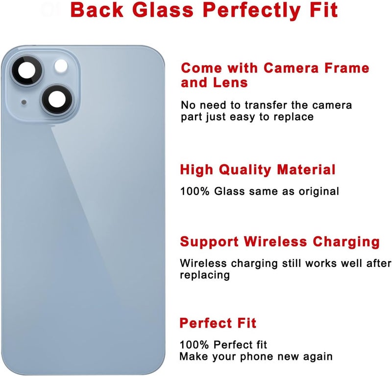 Perzework Rear Back Glass Replacement for iPhone 14 6.1-inches with + Pre-Installed Plate and Camera Frame and Lens + Reparing Tool Kit (Blue) - Image 3
