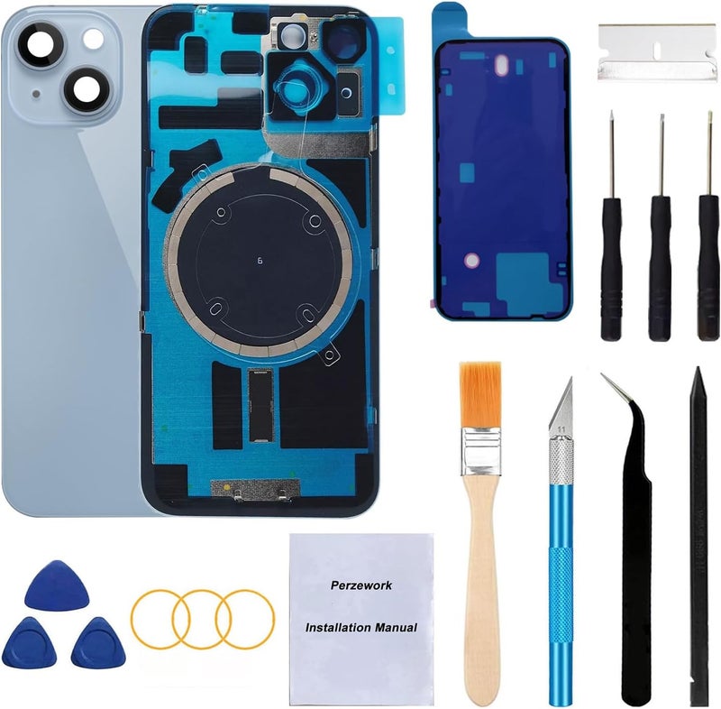 Perzework Rear Back Glass Replacement for iPhone 14 6.1-inches with + Pre-Installed Plate and Camera Frame and Lens + Reparing Tool Kit (Blue) - Image 1