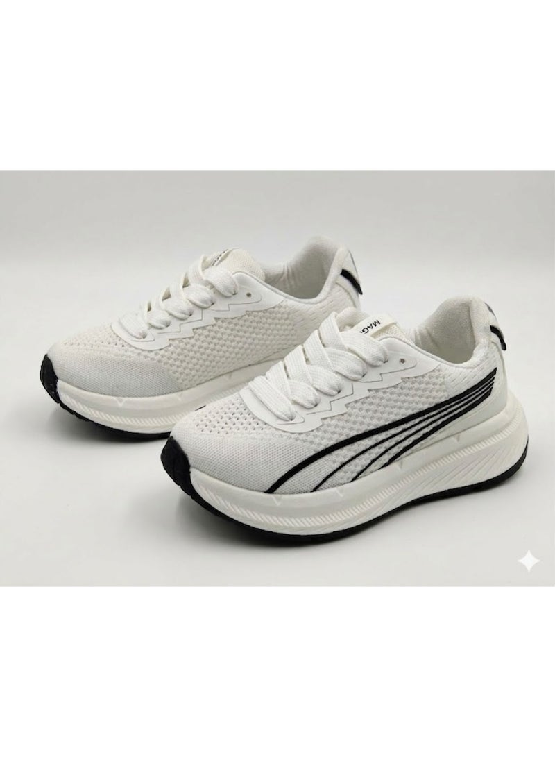 Ultra Comfort Running Sports Shoes with Thick Shock-Absorbing Sole – Ivory White with Black Lines & Wide Laces
